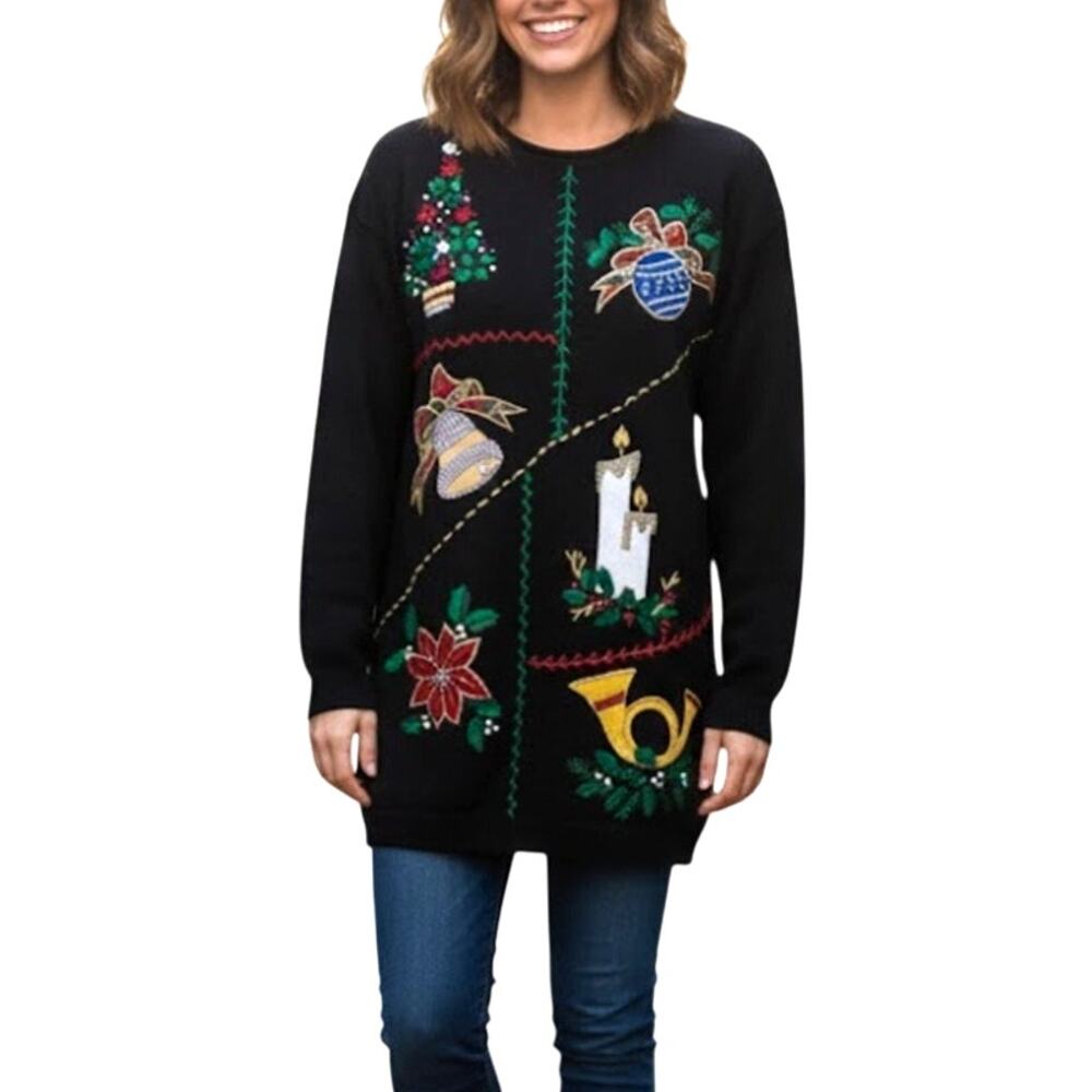 Vintage 80s Ugly Christmas Sweater Black Patchwork Crewneck Embroidered Womens L